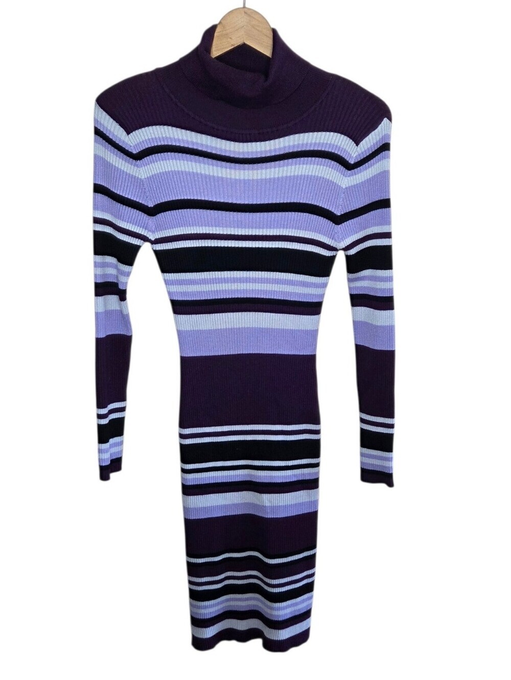 Derek Heart Purple Striped Ribbed Turtleneck Sweater Midi Dress Size Large